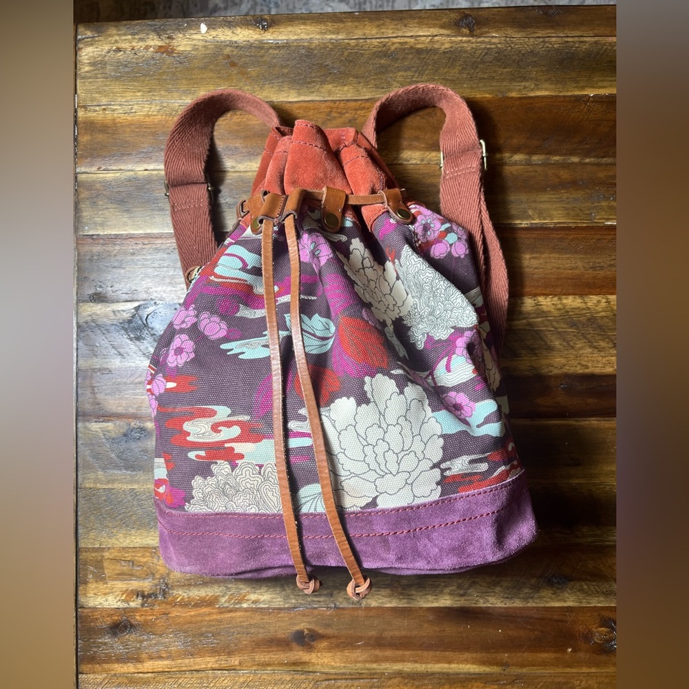 Lucky Brand drawstring backpack purse with Canvas, Suede and Leather